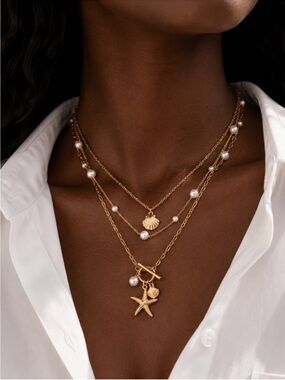 New! Coastal Preppy Gold Shell Pearl Necklace Stack Set NWOT 5008
